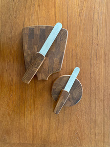 set of two  fabulous Jens Harald Quistgaard design. This butcher block style cheese board comes with a handy cheese knife/ spreader- Cook Street Vintage