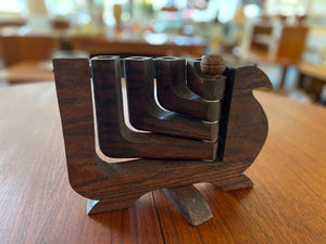 MCM bird shape wood 5 arm candelabra attributed to Don Shoemaker from the 1970s  Each arm can be splayed to either side of the dove- Cook Street Vintage