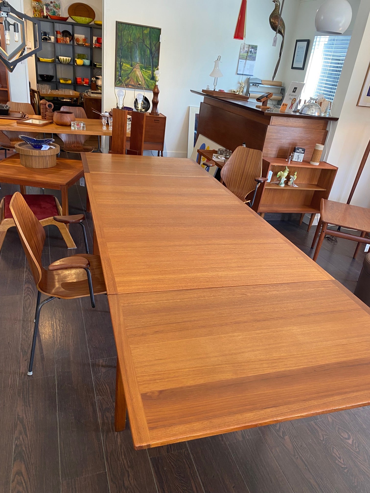 Top view of Scandinavian design MCM teak dining table with beautiful grain and detail- Cook Street Vintage