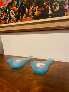 Pair of Westmoreland Blue Satin Glass Bird Votives