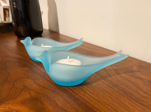Pair of Westmoreland Blue Satin Glass Bird Votives