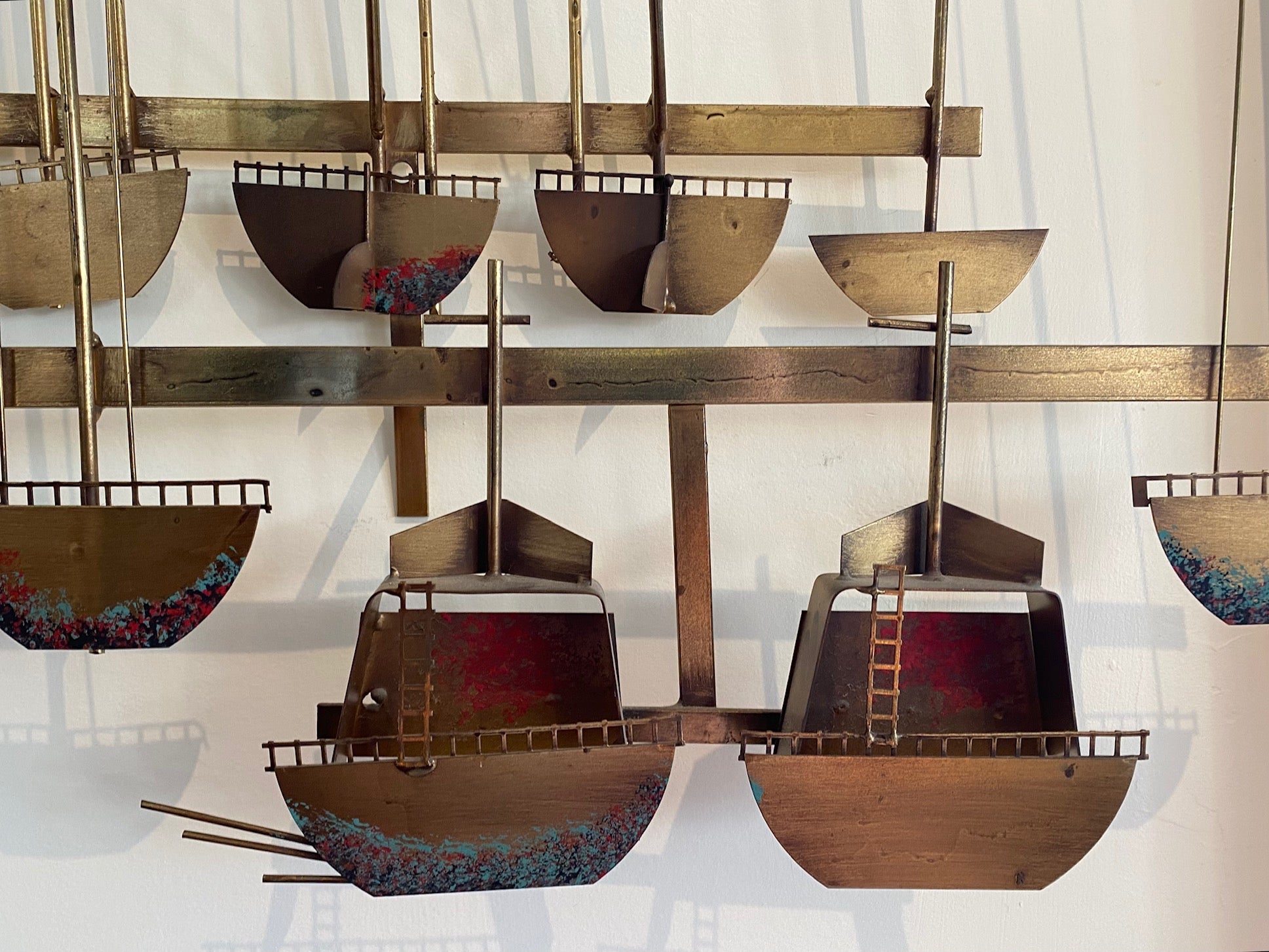 Detail of boats from A wonderful example of mid-century fine metal art depicting a harbour with boats and gulls. Attributed to Curtis Jere- Cook Street Vintage