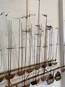 A wonderful example of mid-century fine metal art depicting a harbour with boats and gulls. Attributed to Curtis Jere- Cook Street Vintage