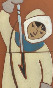 Detail of fisherman from Set of 2 Jean Jacques SPENARD Red Clay Quebec Pottery Tile Plaque. Marked "Fait main, Spen, Quebec",  on reverse- Cook Street Vintage