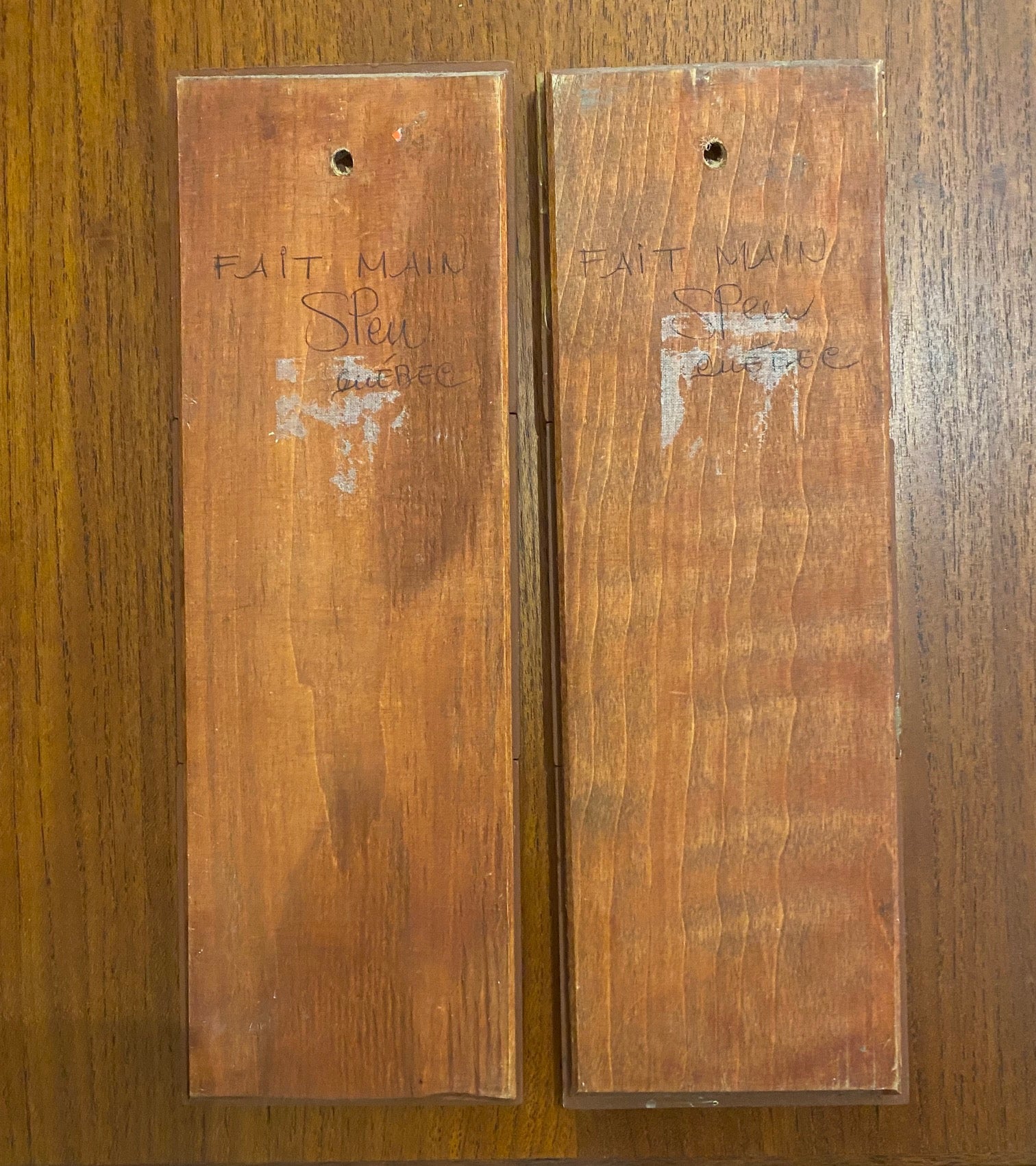 Reverse side of Set of 2 Jean Jacques SPENARD Red Clay Quebec Pottery Tile Plaque. Marked "Fait main, Spen, Quebec",  on reverse- Cook Street Vintage