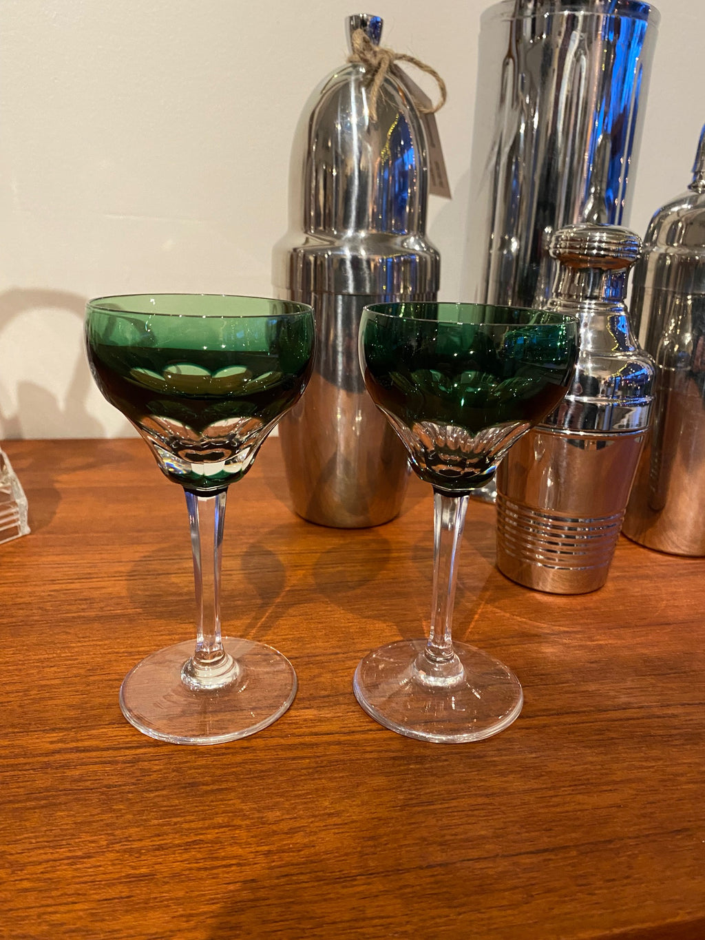 Set of 2 Val St Lambert Crystal Liqueur Glasses shown with vintage chrome cocktail shakers- Cook Street Vintage