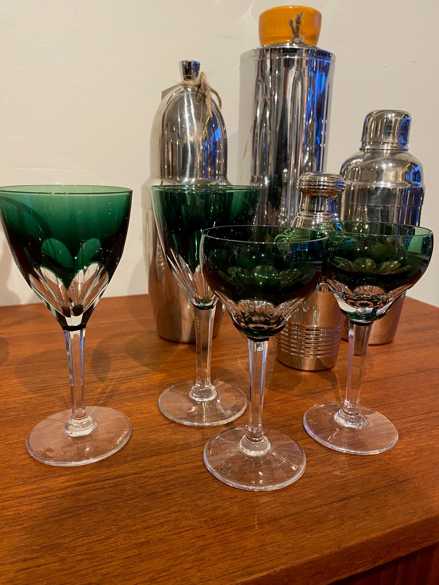 Set of 2 Val St Lambert Crystal Aperitif Glasses seen with two liqueur glasses- Cook Street Vintage