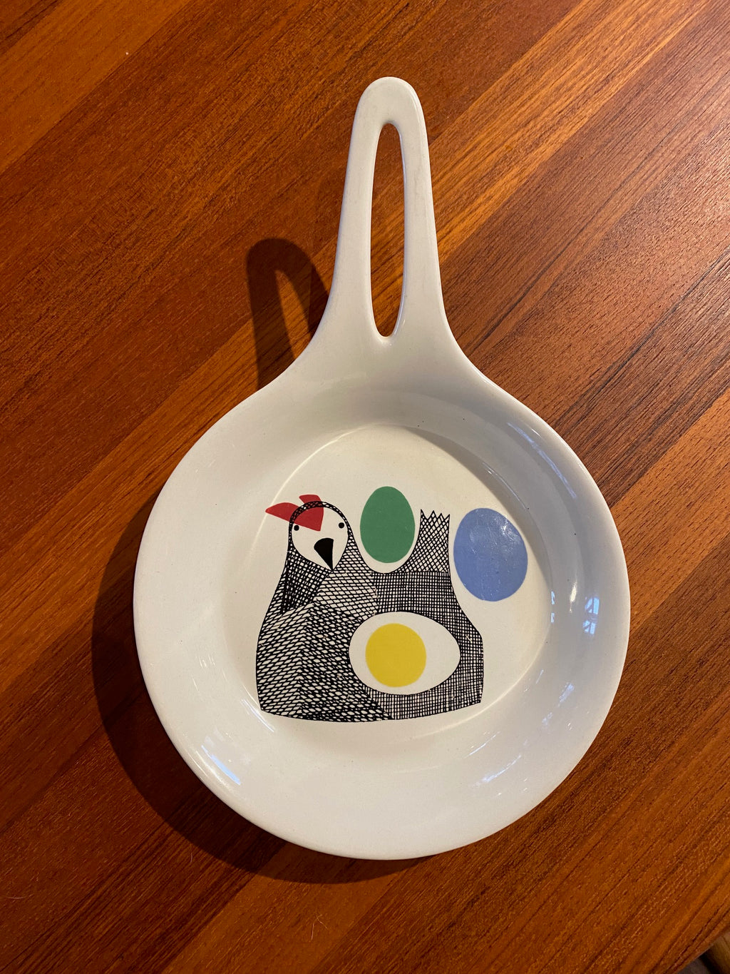  Small and adorbale Figgjo Flameware pan. For gas or electric stoves. Cute illustrations of a hen with a blue, a green and a white egg with yellow yolk Made in Norway- Cook Street Vintage