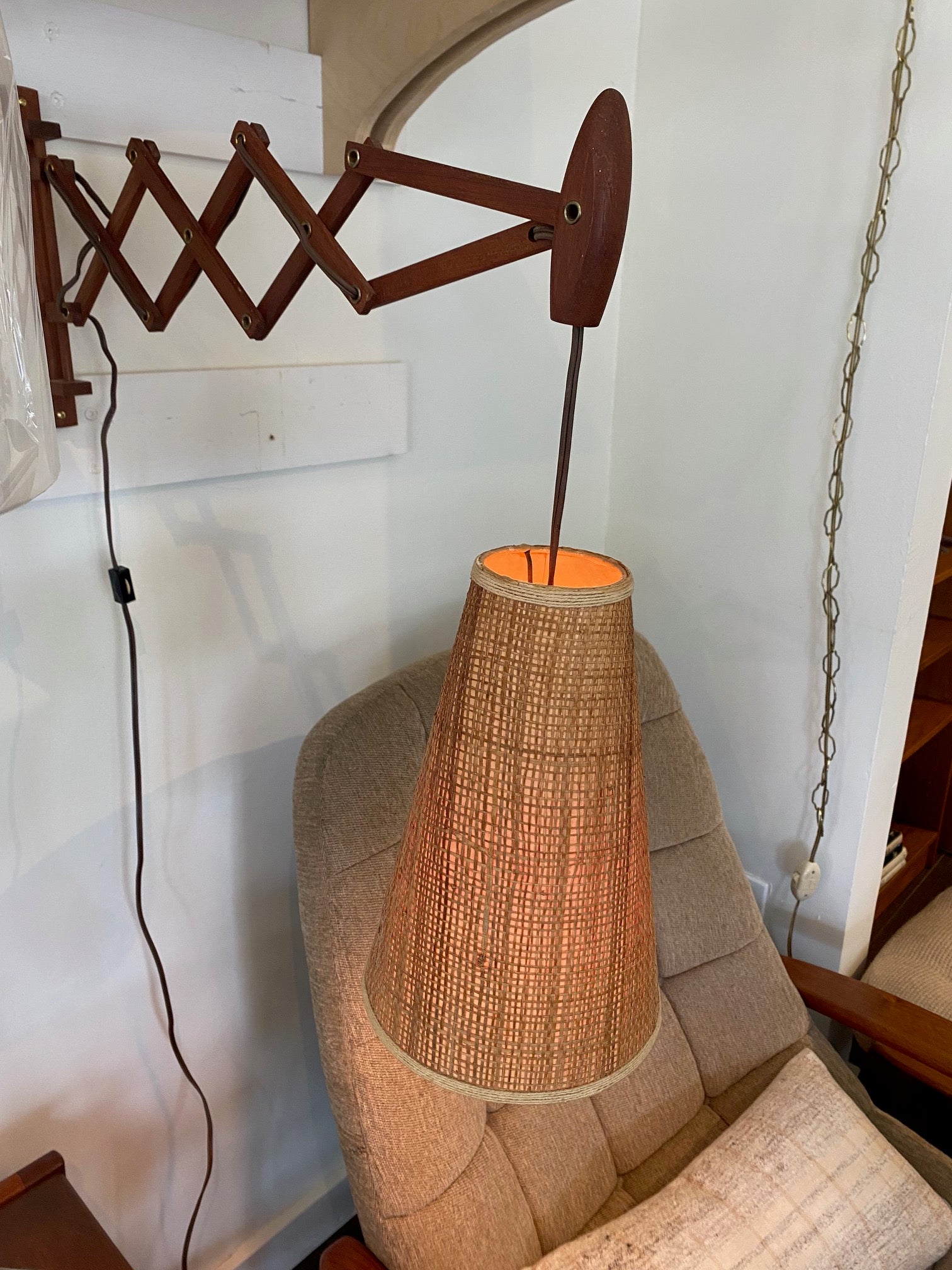 Teak Wall Lamp with Accordion Arm