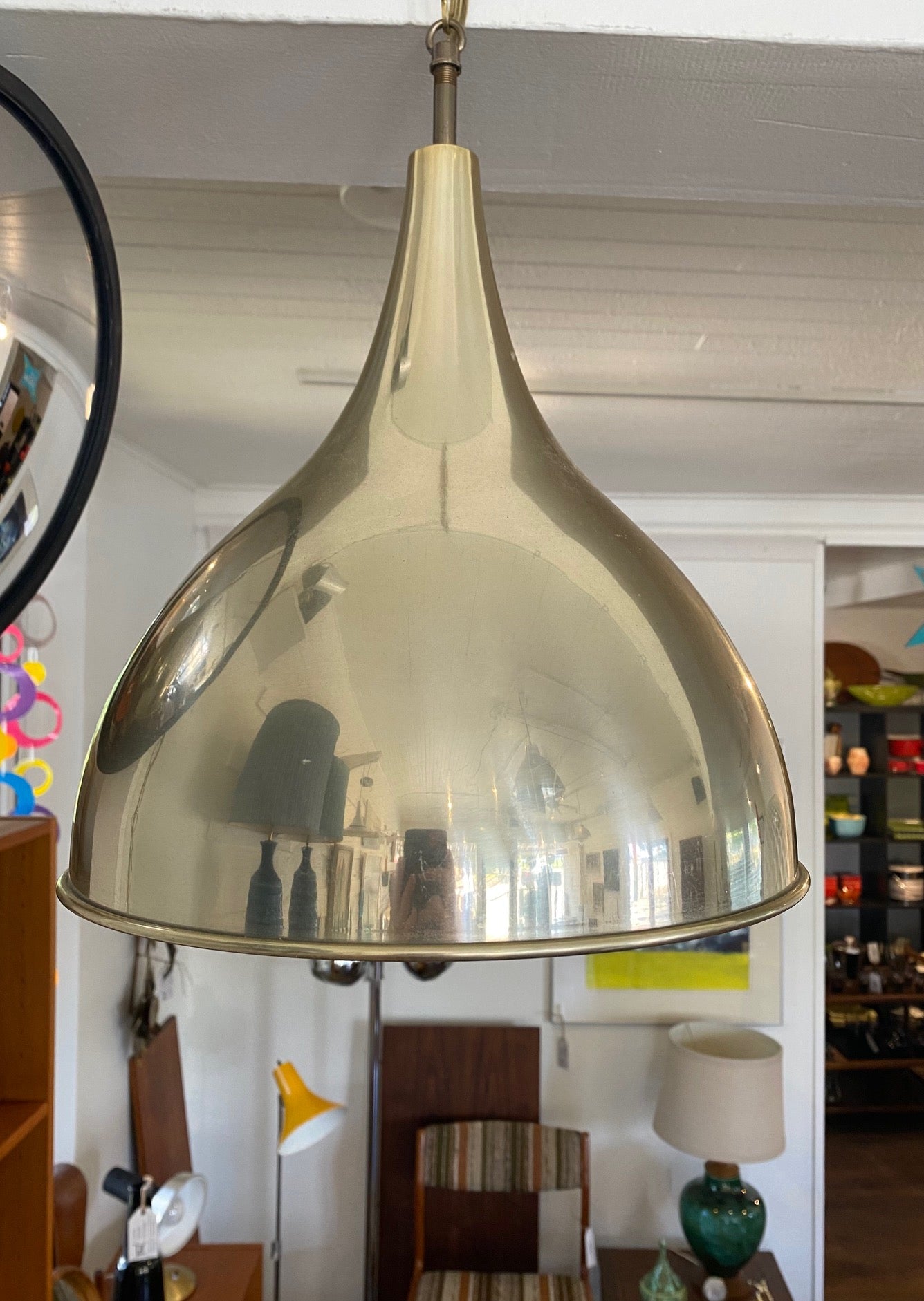 Silhuet pendant designed by Jo Hammerbord. Brass swag with white painted interior and chain covered cord. Made in Denmark by Fog &amp; Morup- Cook Street Vintage