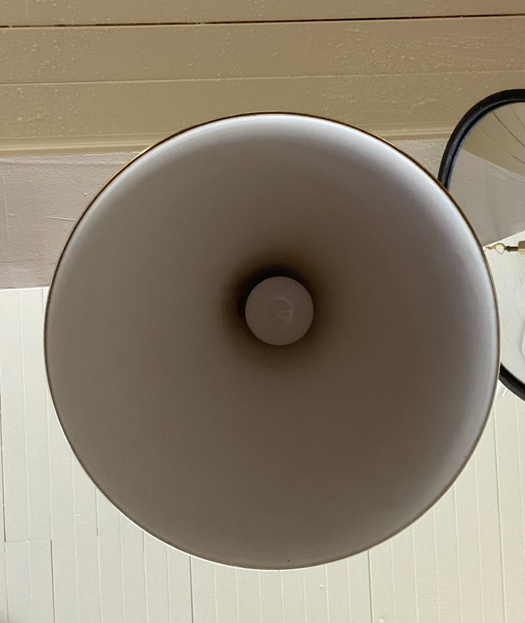 interior of Silhuet pendant designed by Jo Hammerbord. Brass swag with white painted interior and chain covered cord. Made in Denmark by Fog &amp; Morup- Cook Street Vintage
