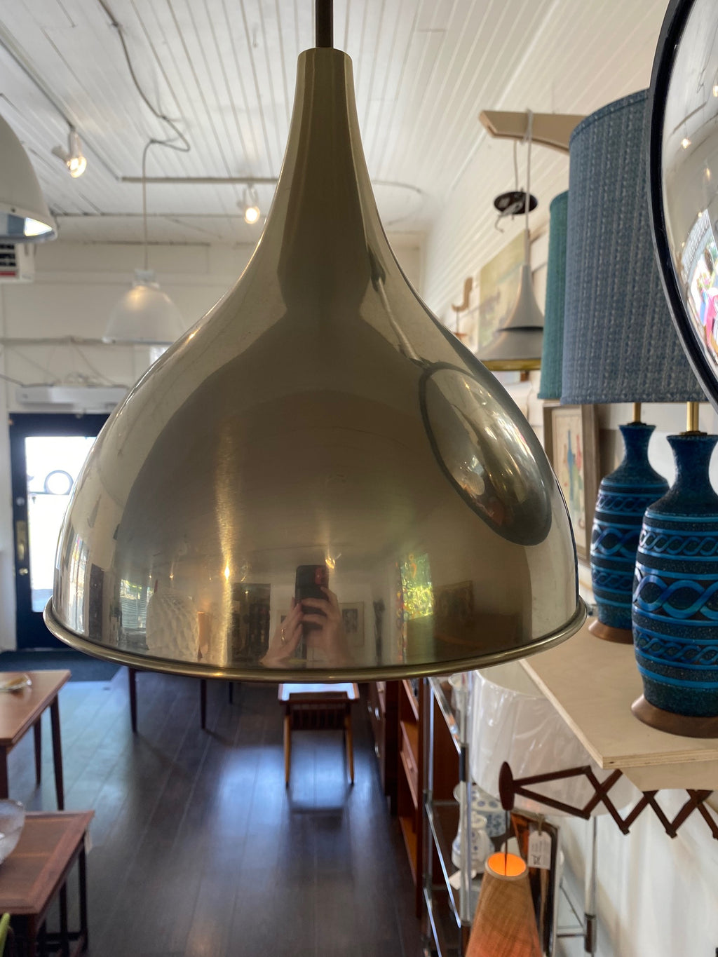 Cone shape Silhuet pendant designed by Jo Hammerbord. Brass swag with white painted interior and chain covered cord. Made in Denmark by Fog &amp; Morup- Cook Street Vintage
