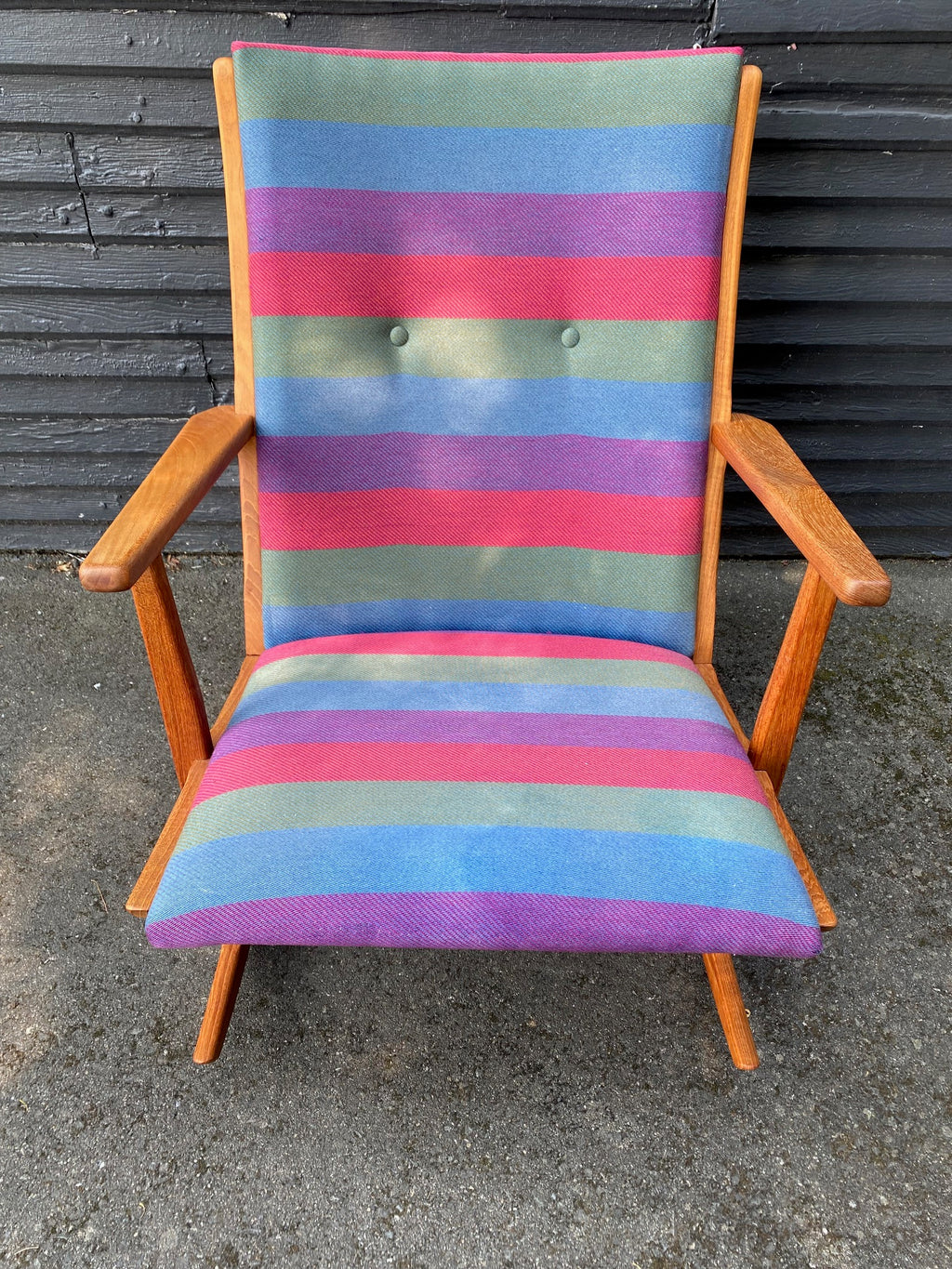 Fanastic Model 97 Søren Georg Jensen (1917-1982) rocking chair with original upholstery. and boomerang legs Oringially designed&nbsp; for Kubus Møbler. Made in Denmark.- Cook Street Vintage