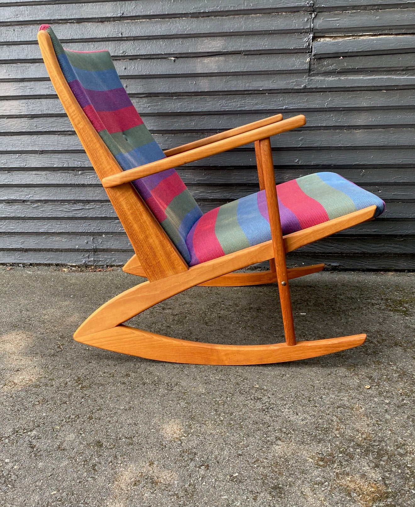 Fanastic Model 97 Søren Georg Jensen (1917-1982) rocking chair with original upholstery. and boomerang legs Oringially designed&nbsp; for Kubus Møbler. Made in Denmark.- Cook Street Vintage