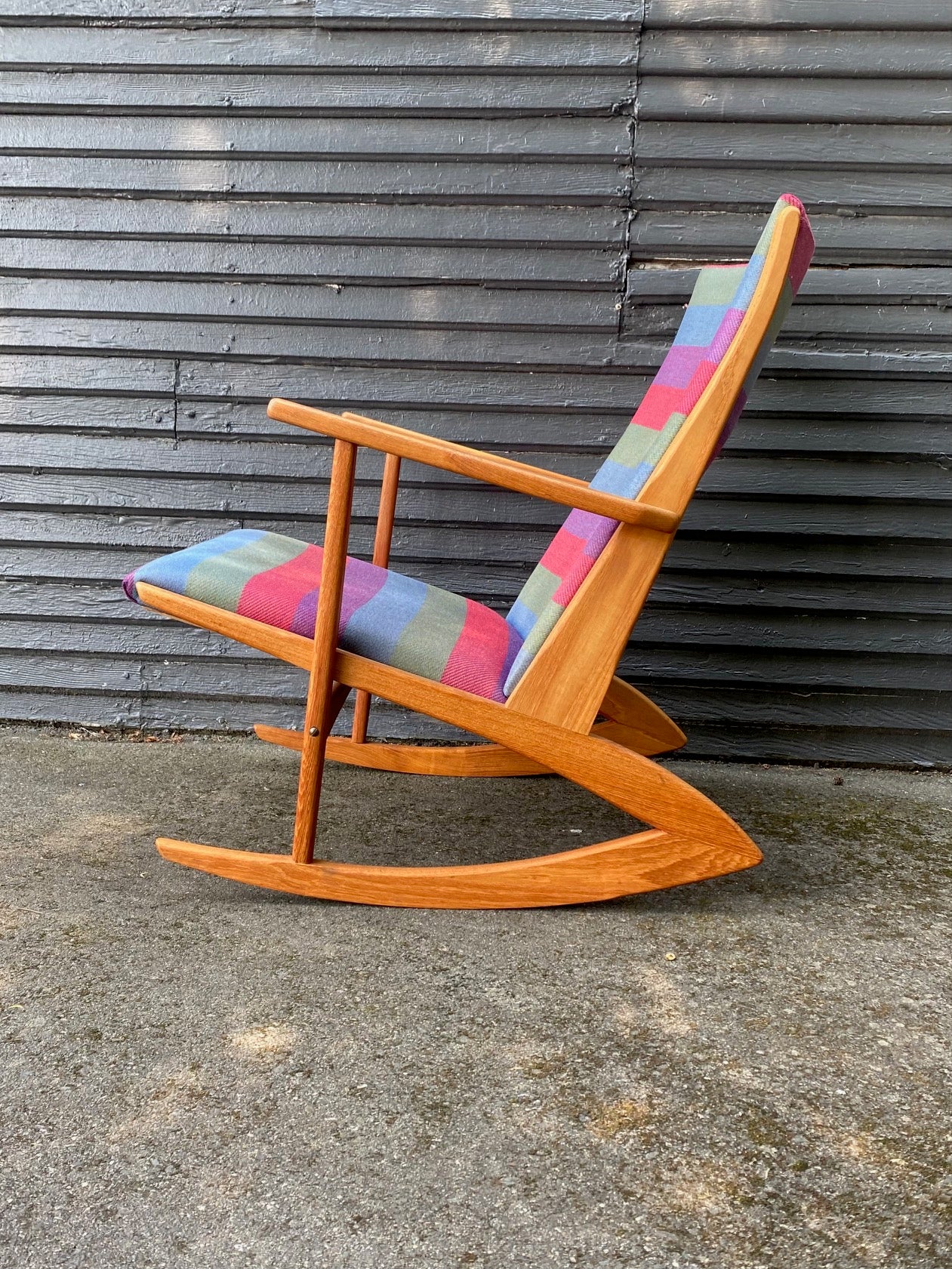 side vew of Fanastic Model 97 Søren Georg Jensen (1917-1982) rocking chair with original upholstery. and boomerang legs Oringially designed&nbsp; for Kubus Møbler. Made in Denmark.- Cook Street Vintage