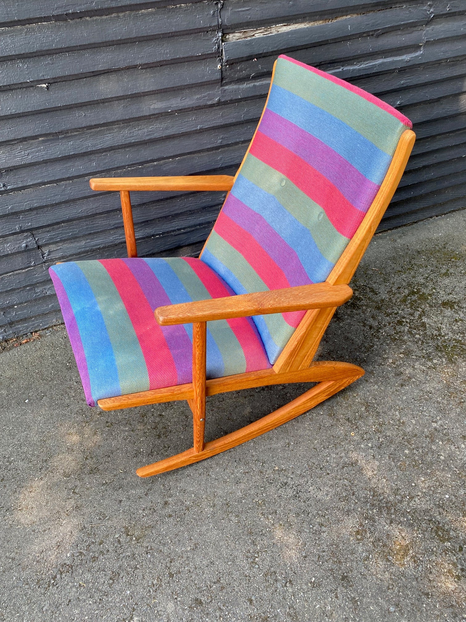  Model 97 Søren Georg Jensen (1917-1982) rocking chair with original upholstery. and boomerang legs Oringially designed&nbsp; for Kubus Møbler. Made in Denmark.- Cook Street Vintage