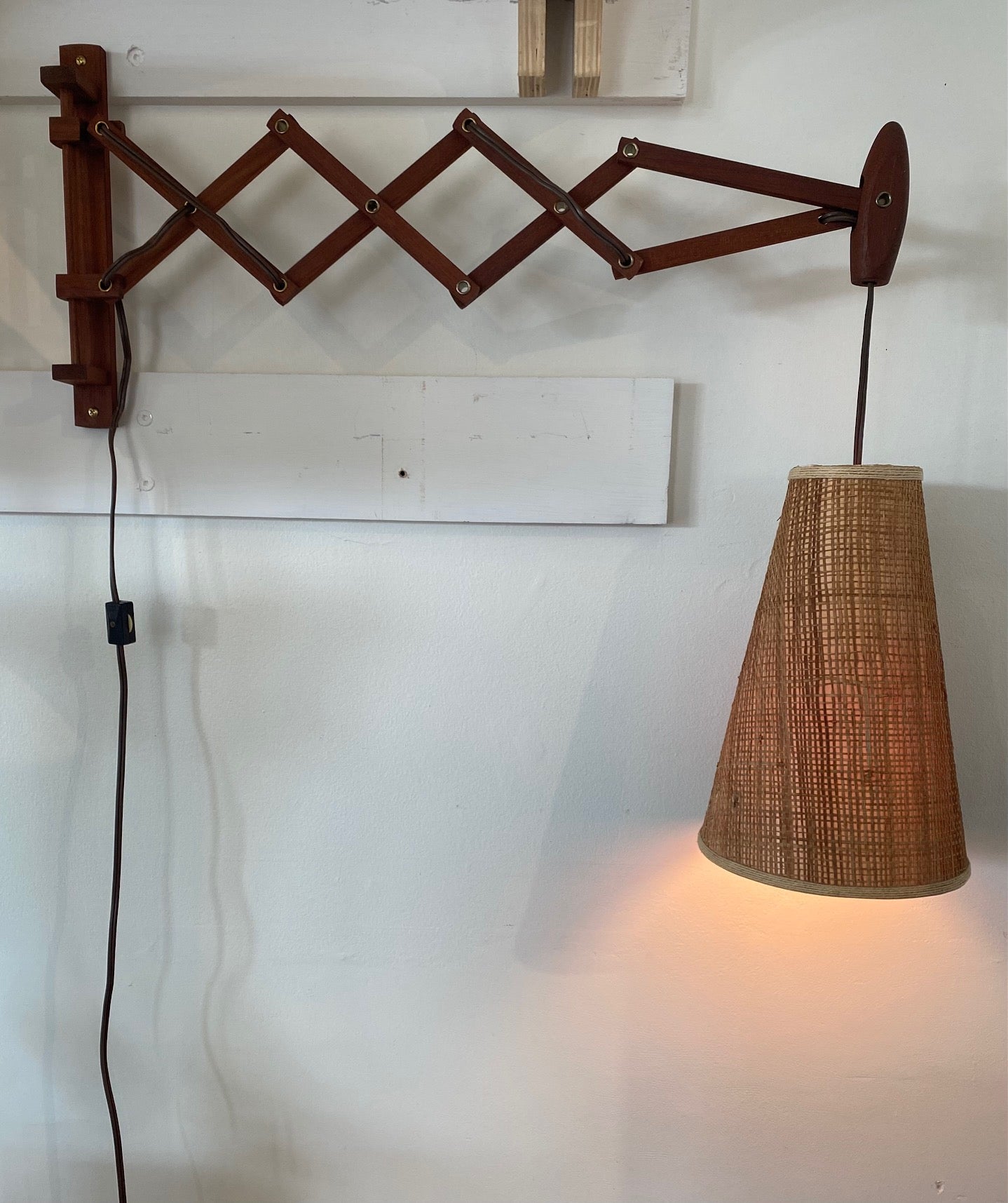 Teak Wall Lamp with Accordion Arm
