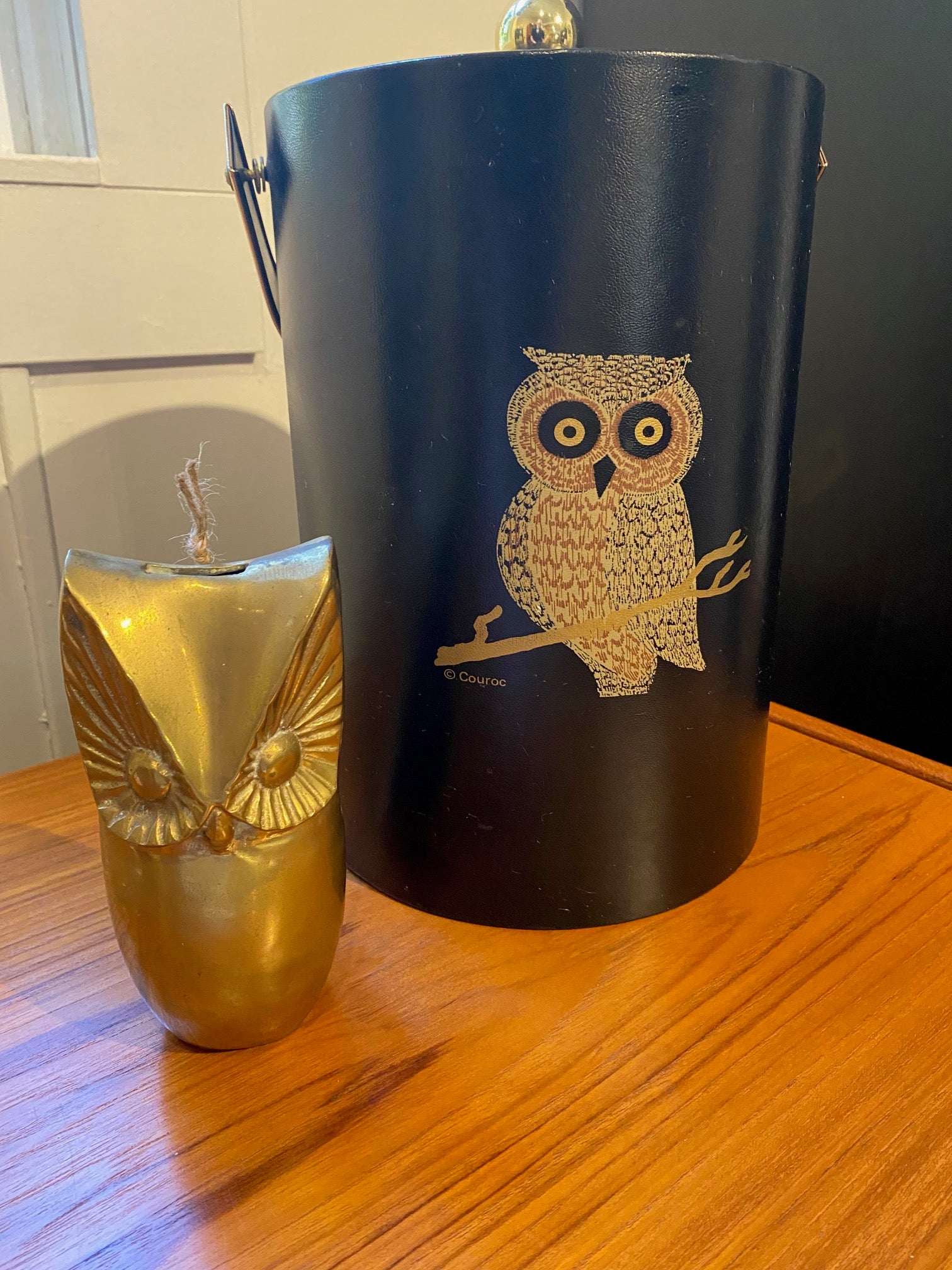 Large MCM Couroc Owl Ice Bucket with brutalist brass owl bank- Cook Street Vintage