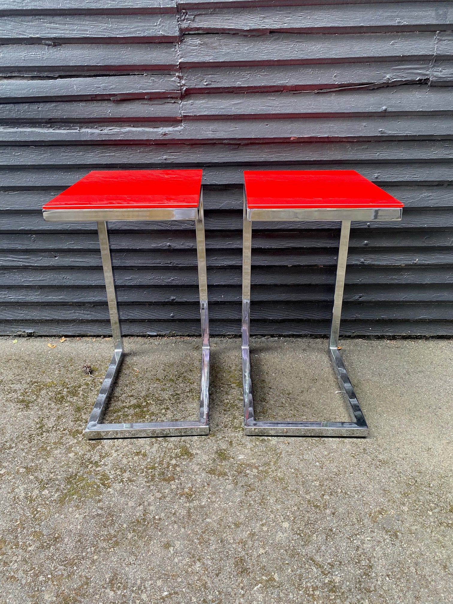 Pair of Chrome Tables with Red Tempered Glass Tops