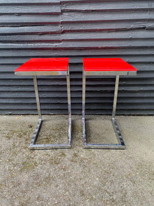 Pair of Chrome Tables with Red Tempered Glass Tops