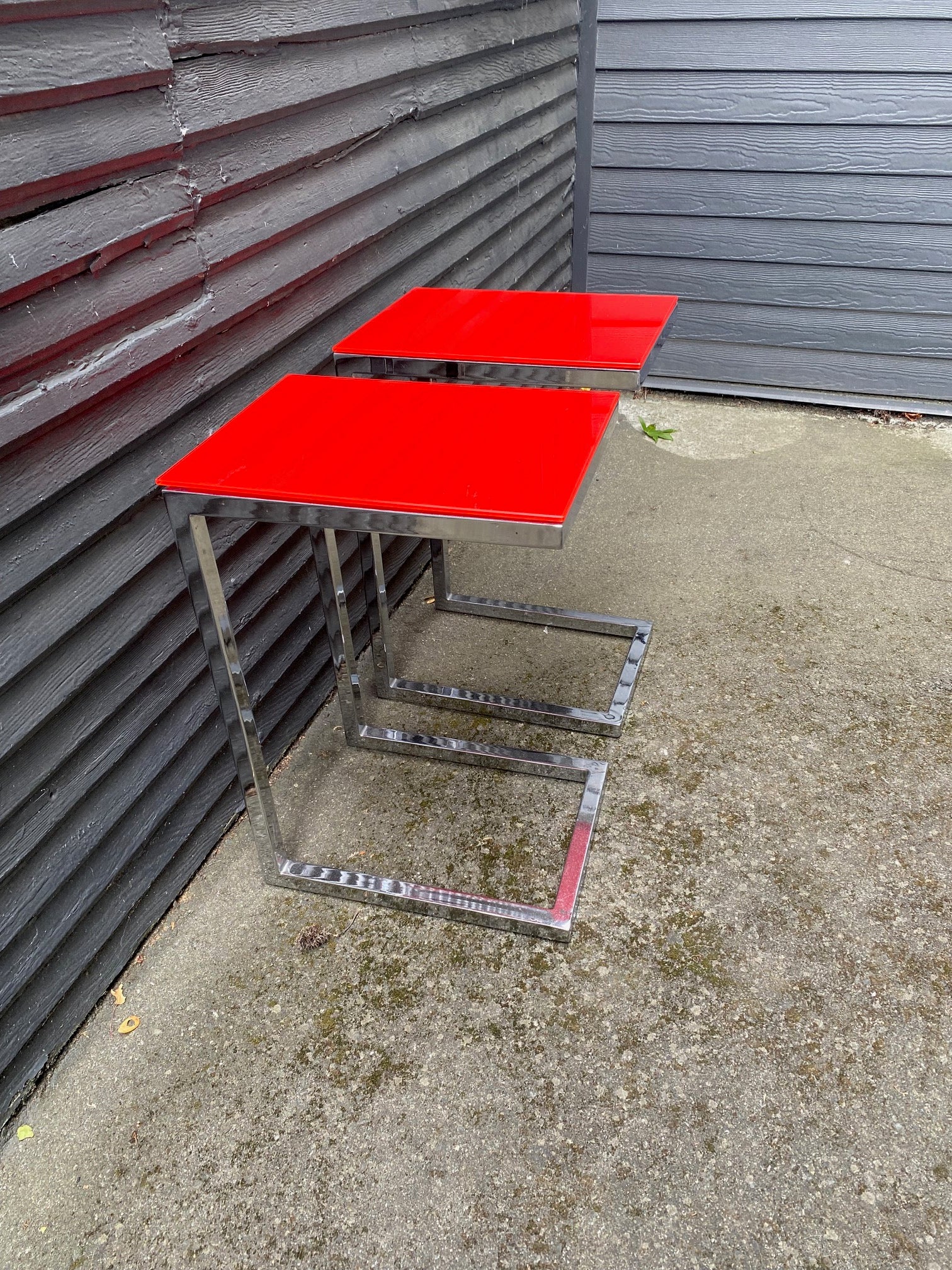 Pair of Chrome Tables with Red Tempered Glass Tops