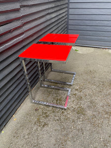 Pair of Chrome Tables with Red Tempered Glass Tops