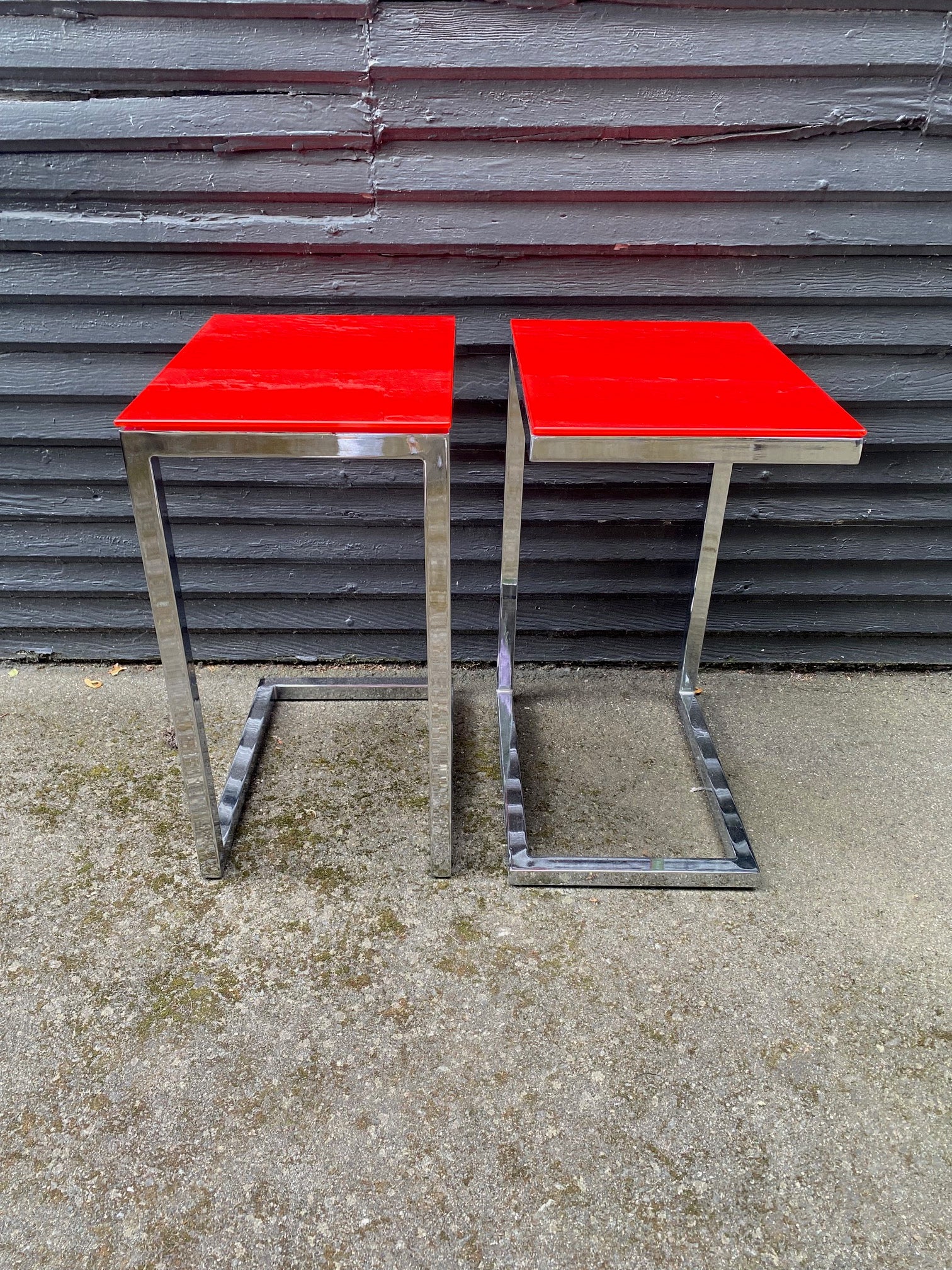 Pair of Chrome Tables with Red Tempered Glass Tops