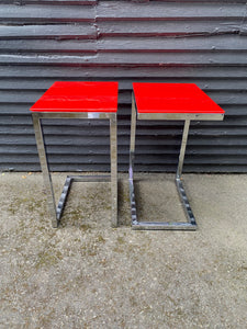 Pair of Chrome Tables with Red Tempered Glass Tops