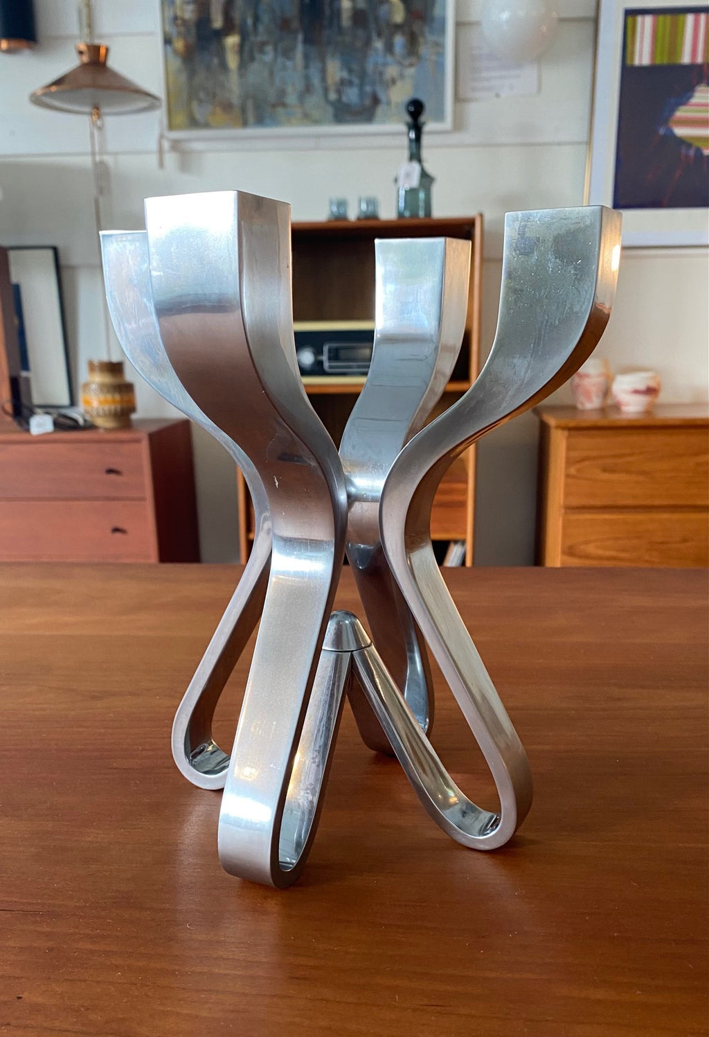 Die-cast four arm metal candle holder with matt chrome finish. Designed by Karim Rashid for Umbra- Cook Street Vintage