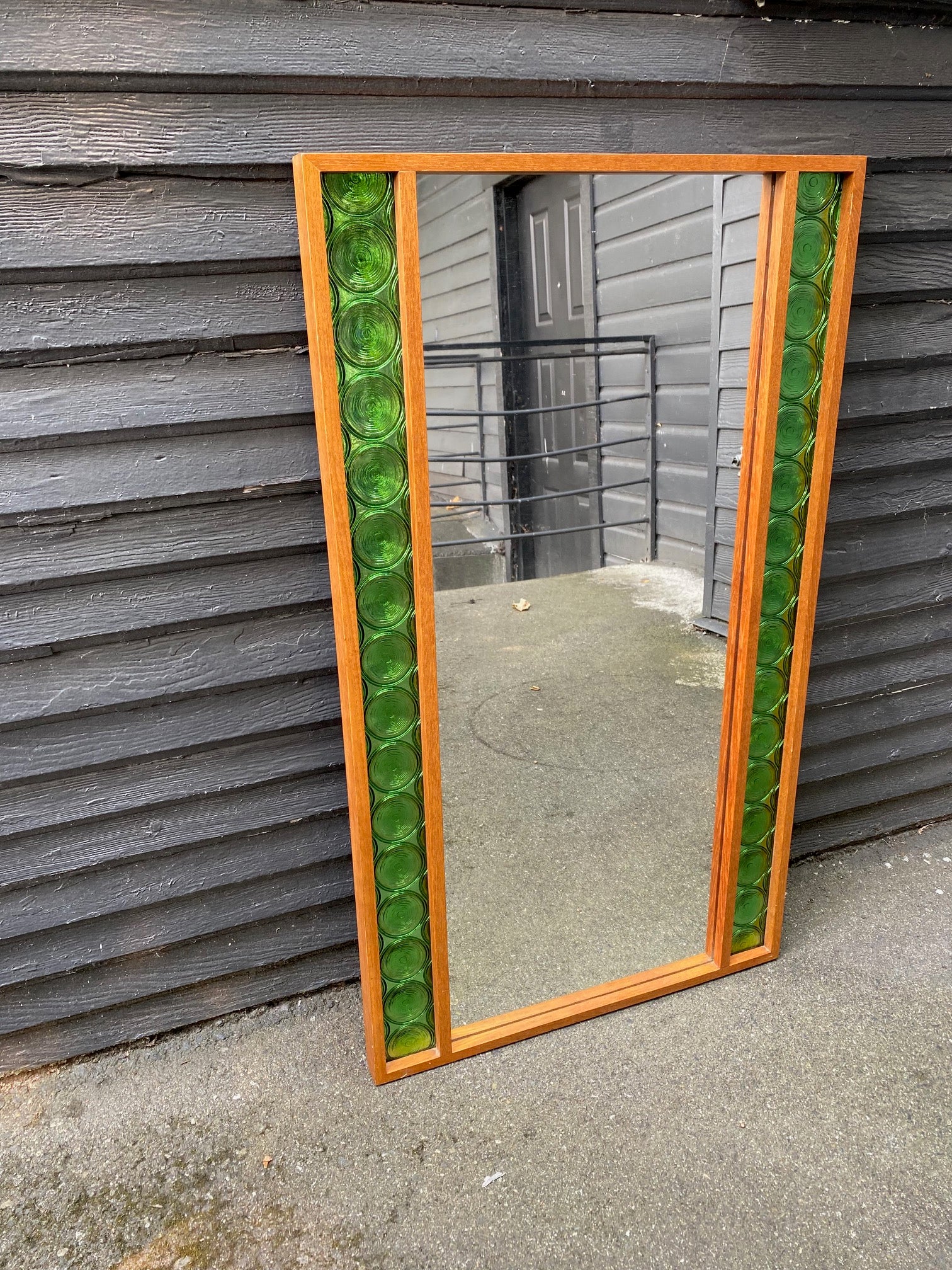 MCM Danish Mirror With Green Glass Edge