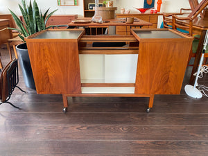 interior cabinet of Niels Erik Glasdam Expandable Teak Bar Cart- Cook Street Vintage