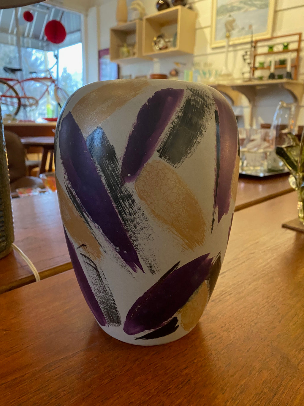 Midcentury Scheurich West German Keramik brushstroke vase in greys, eggplant and gold.- Cook Street Vintage