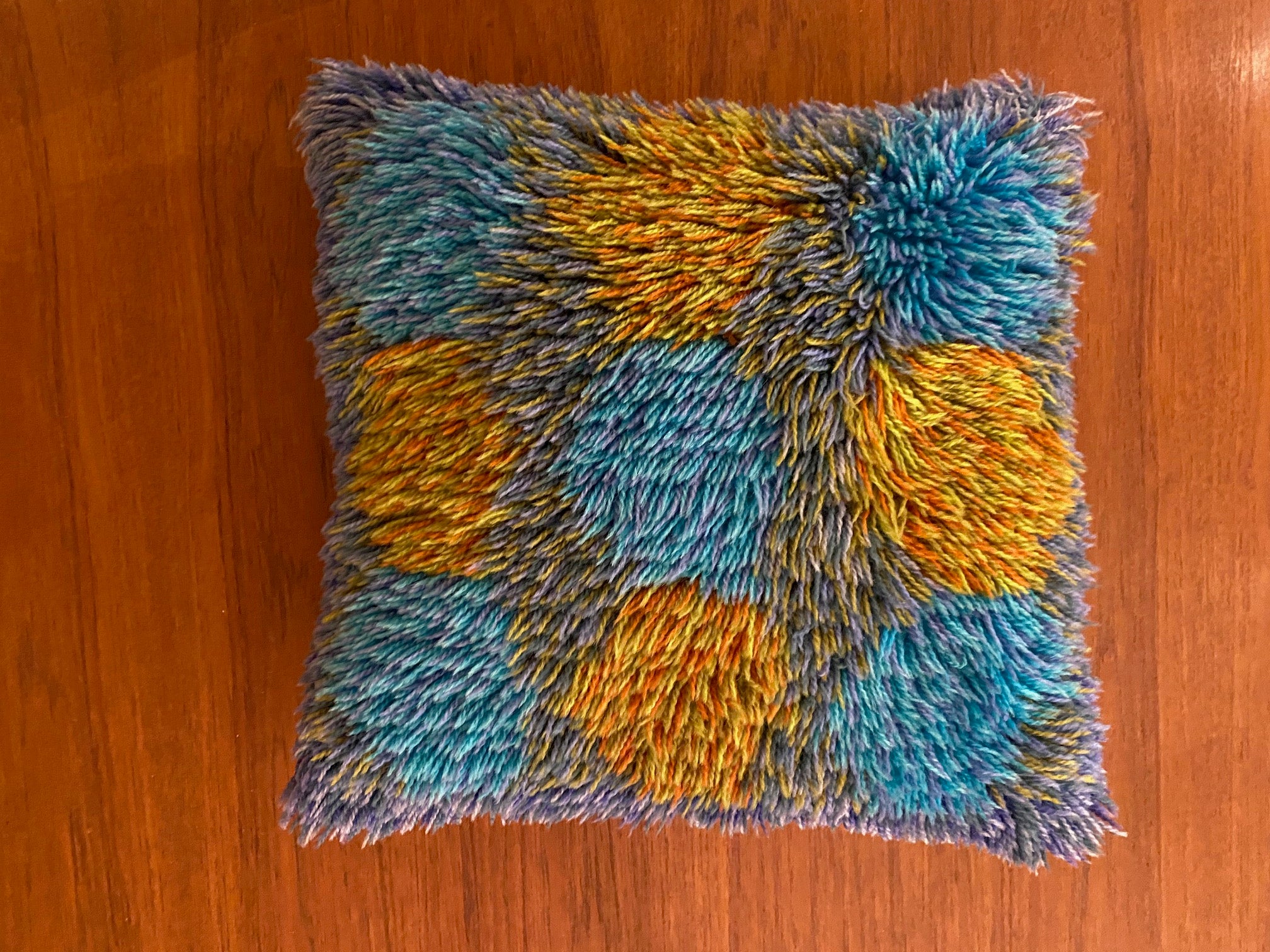 Vintage blue and yellow rya cushion with pale blue corderoy back- Cook Street Vintage