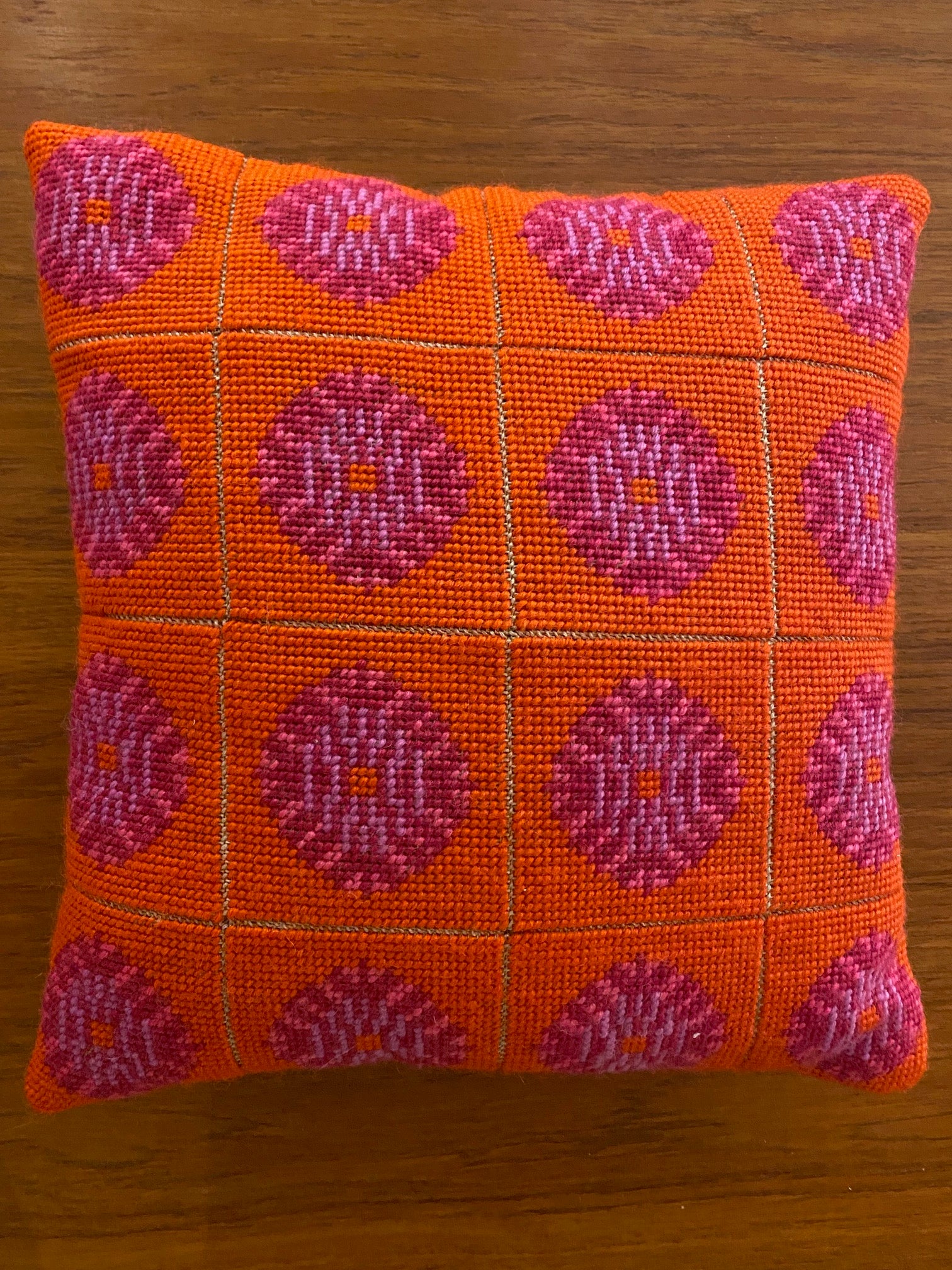 Bright Orange with Pink Needlepoint Pillow