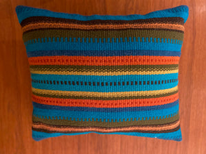 Vibrant Blue, Orange and Brown Striped Woven Pillow