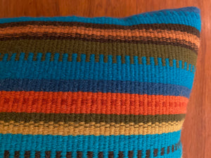 Vibrant Blue, Orange and Brown Striped Woven Pillow