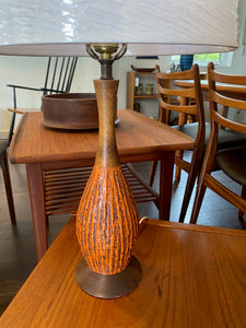 Detail Mid-century decorative ceramic table lamps in deep orange molten glaze. Walnut neck and base. Made by Fine Arts In Plaster. (FAIP). Marked on base- Cook Street Vintage