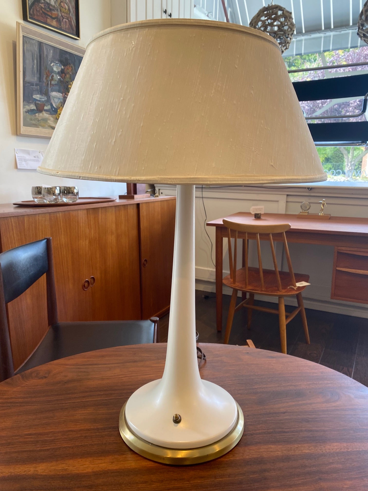 Vintage cream ceramic lamp with brass base often misidentified as a Lotte Bostlund lamp-Cook Street Vintage