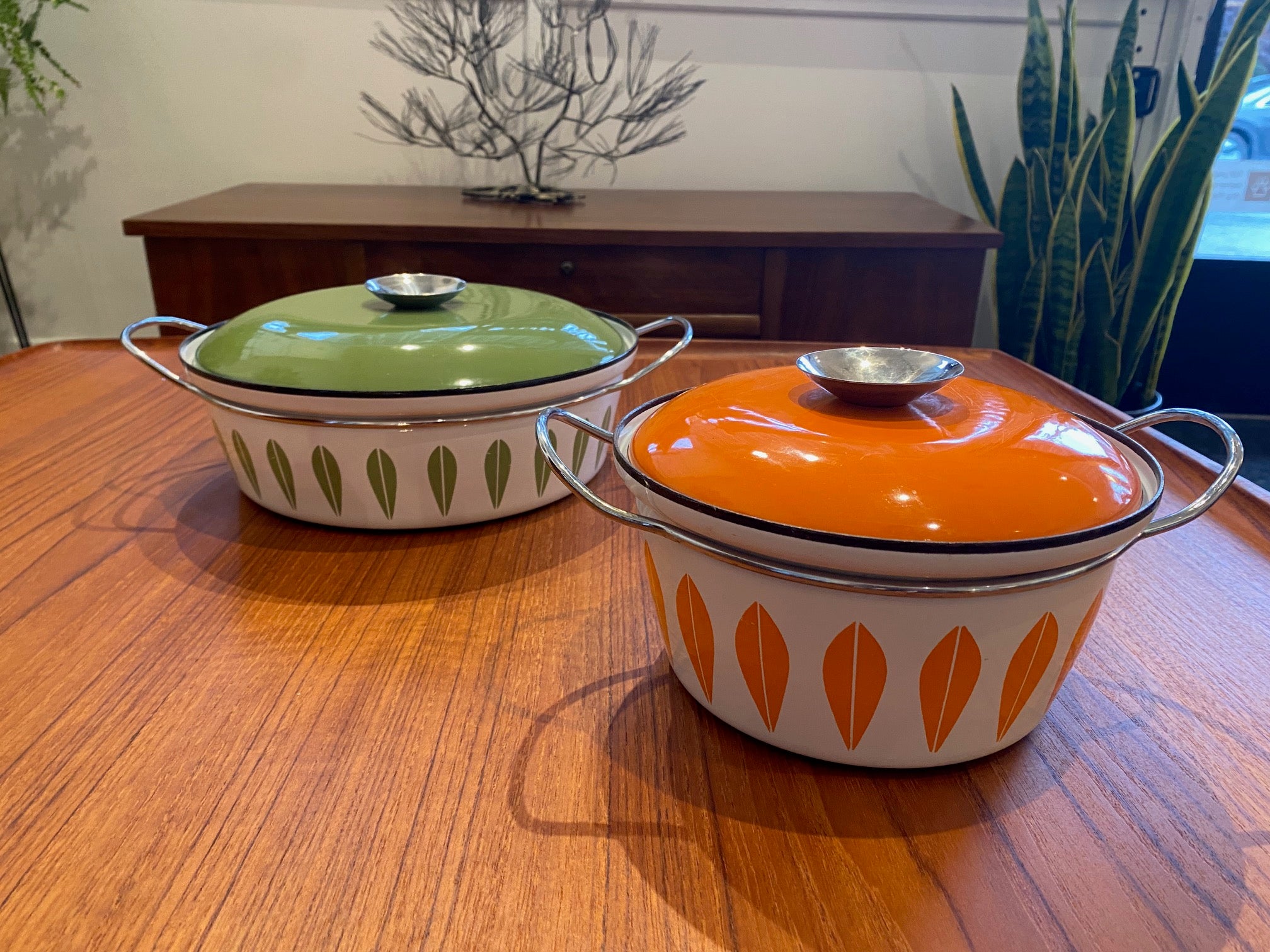 Cathrineholm Avocado Green and White Lotus Casserole and Orange Lotus catherineholm Dutch oven Cook Street Vintage