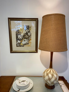 Large Ceramic and Walnut Table Lamp with Burlap Shade