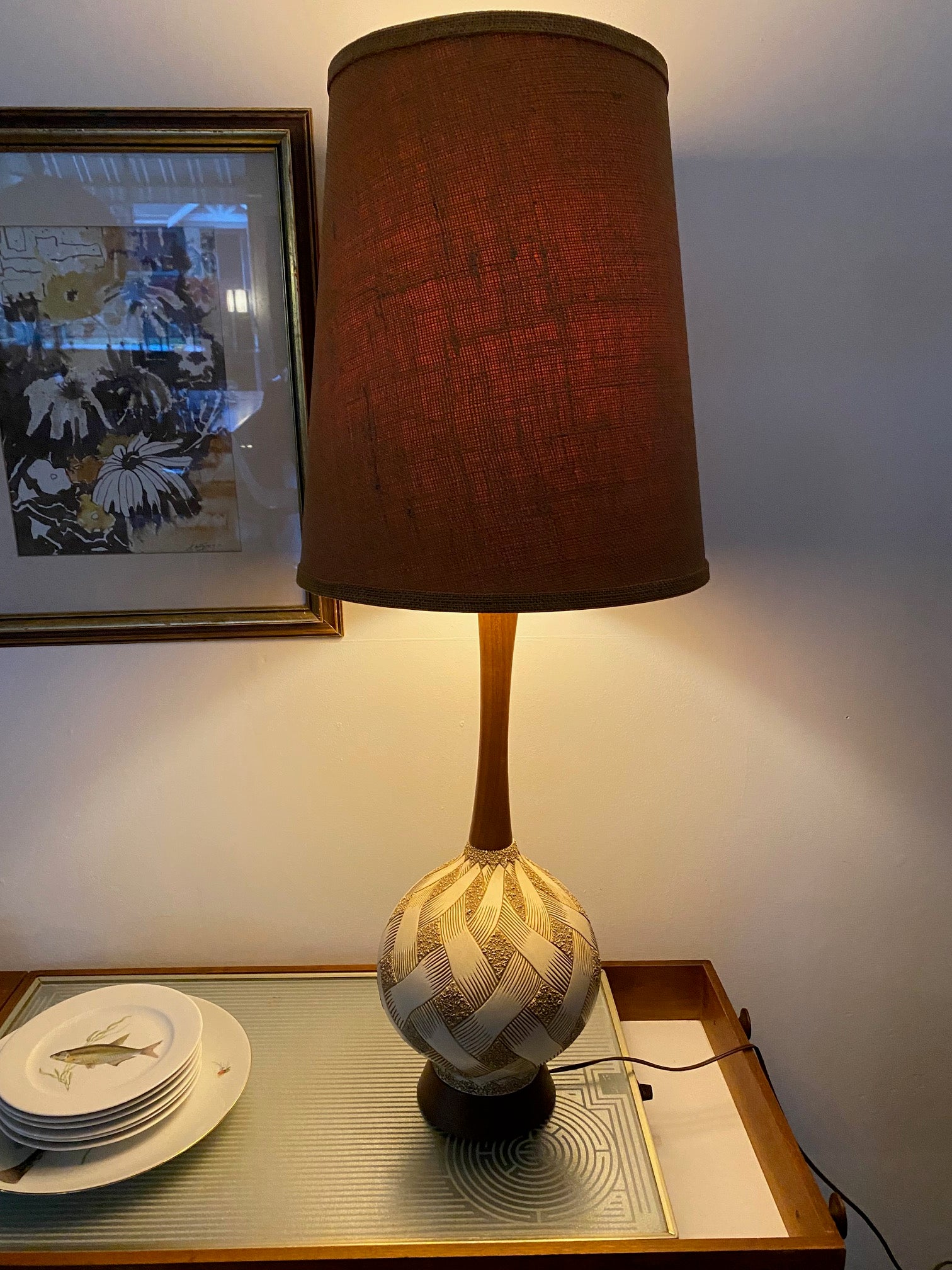 Large Ceramic and Walnut Table Lamp with Burlap Shade