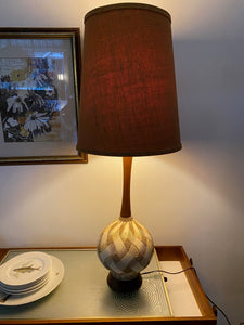 Large Ceramic and Walnut Table Lamp with Burlap Shade