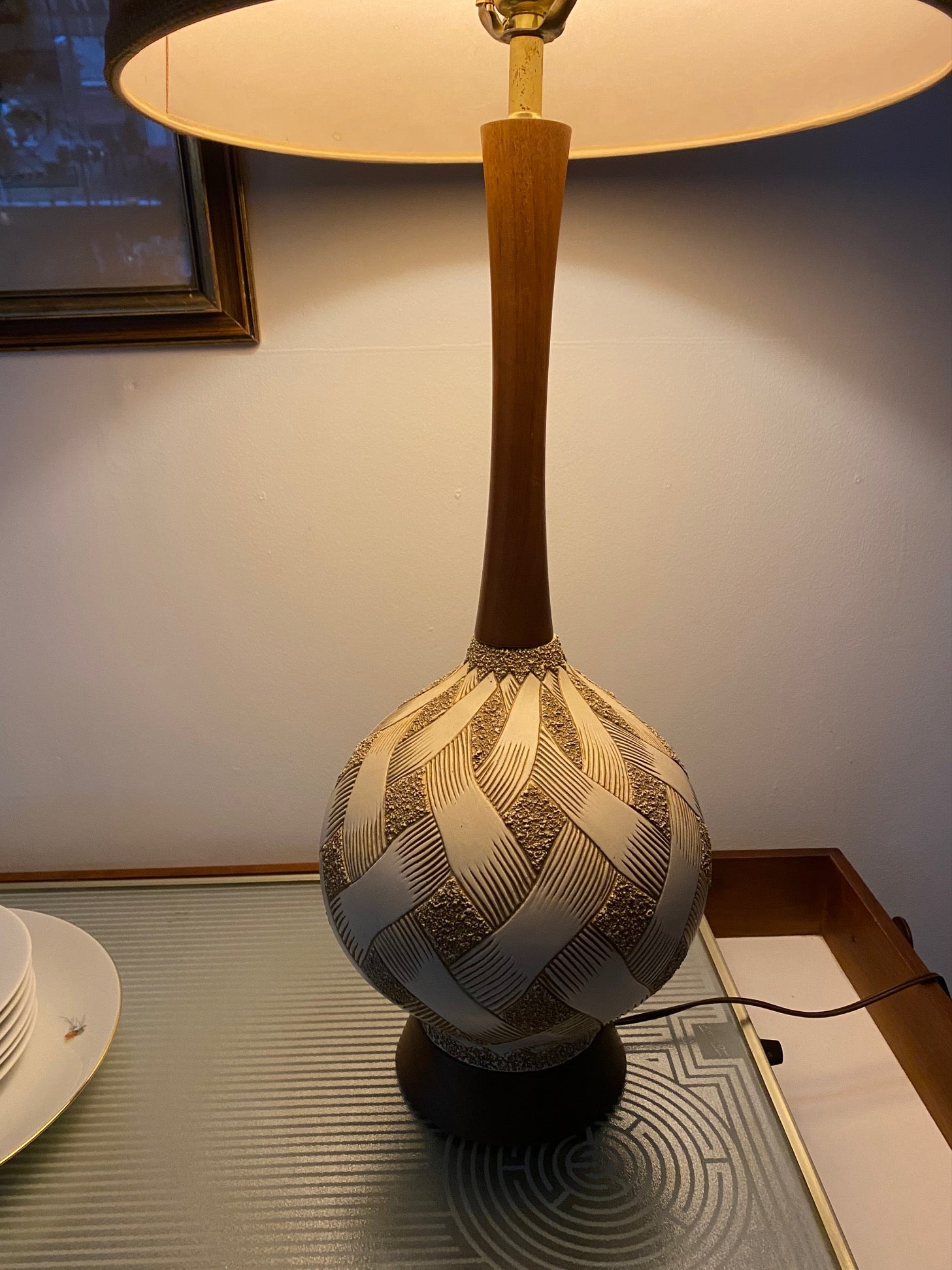 Large Ceramic and Walnut Table Lamp with Burlap Shade