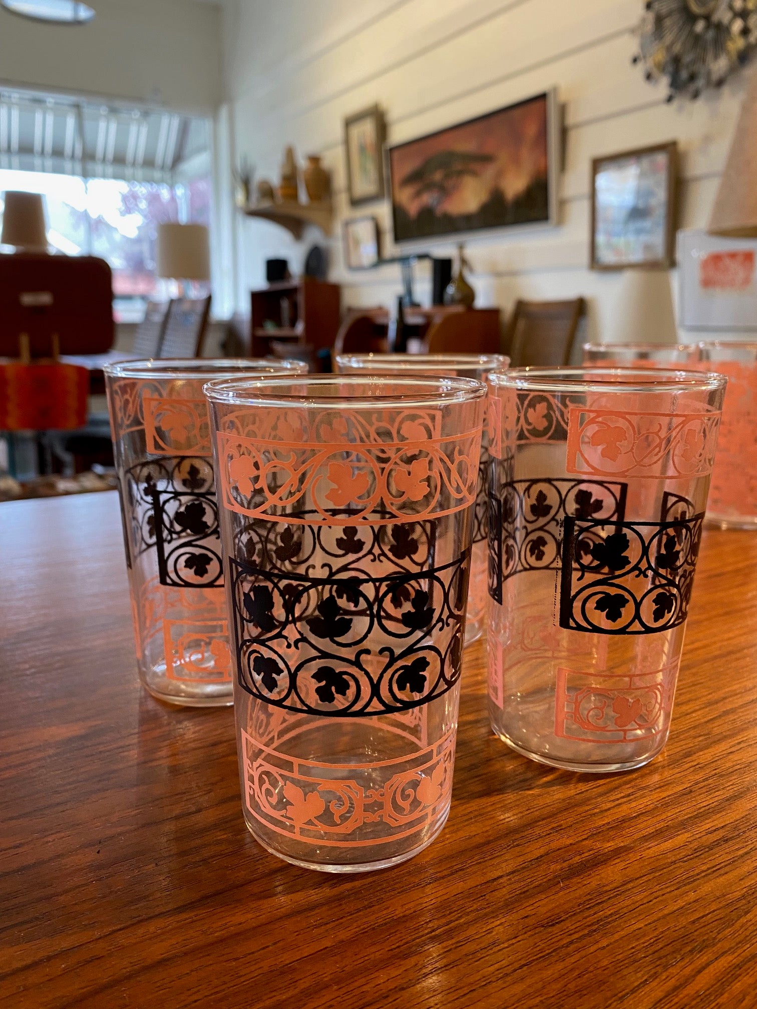 Set of 4 Anchor Hocking Pink & Black Wrought Iron Tumblers