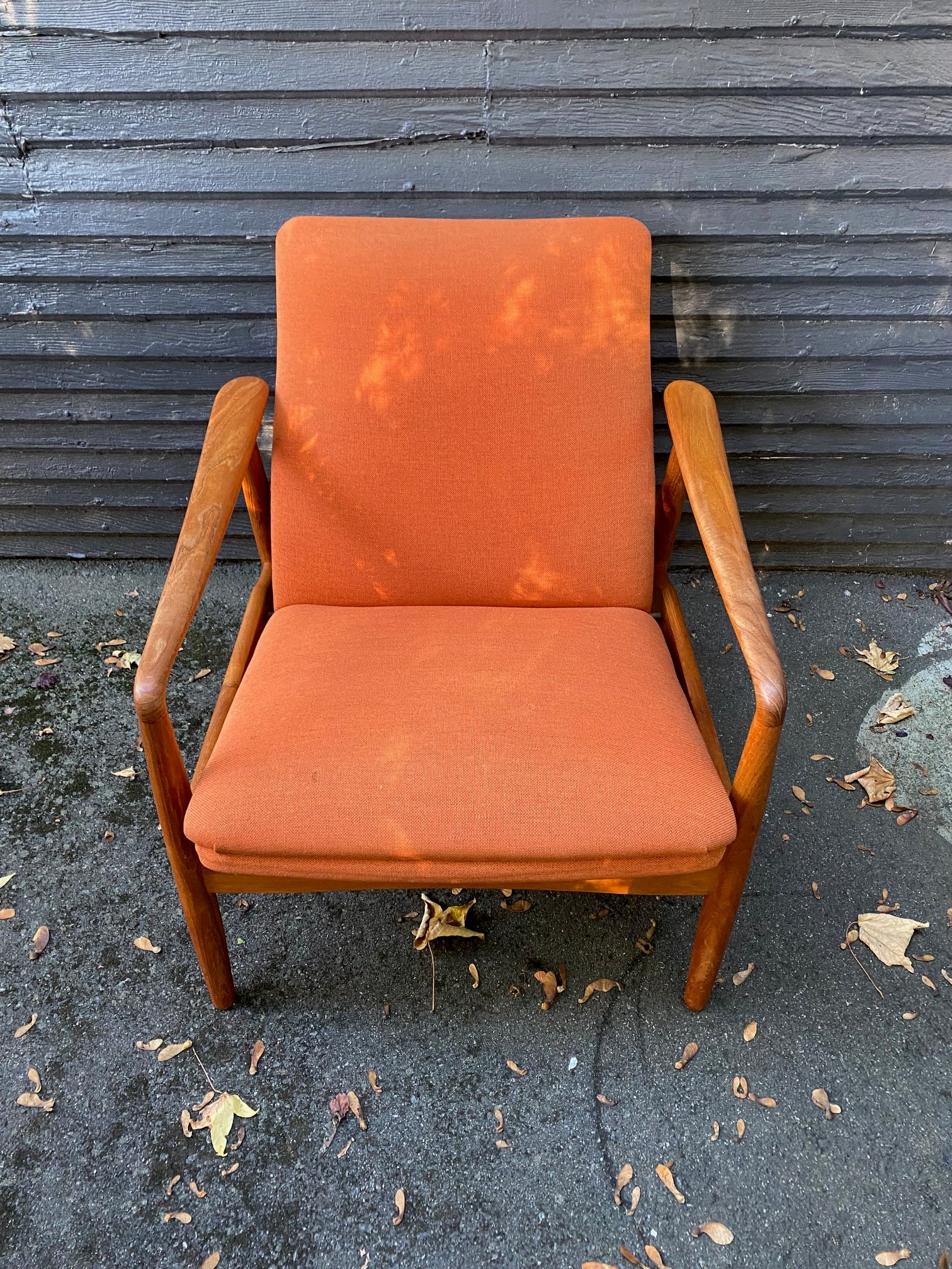 Fantastic lounge chair in original orange upholstery by SL Mobler. Attributed to Soren Ladefoged.- Cook Street Vintage