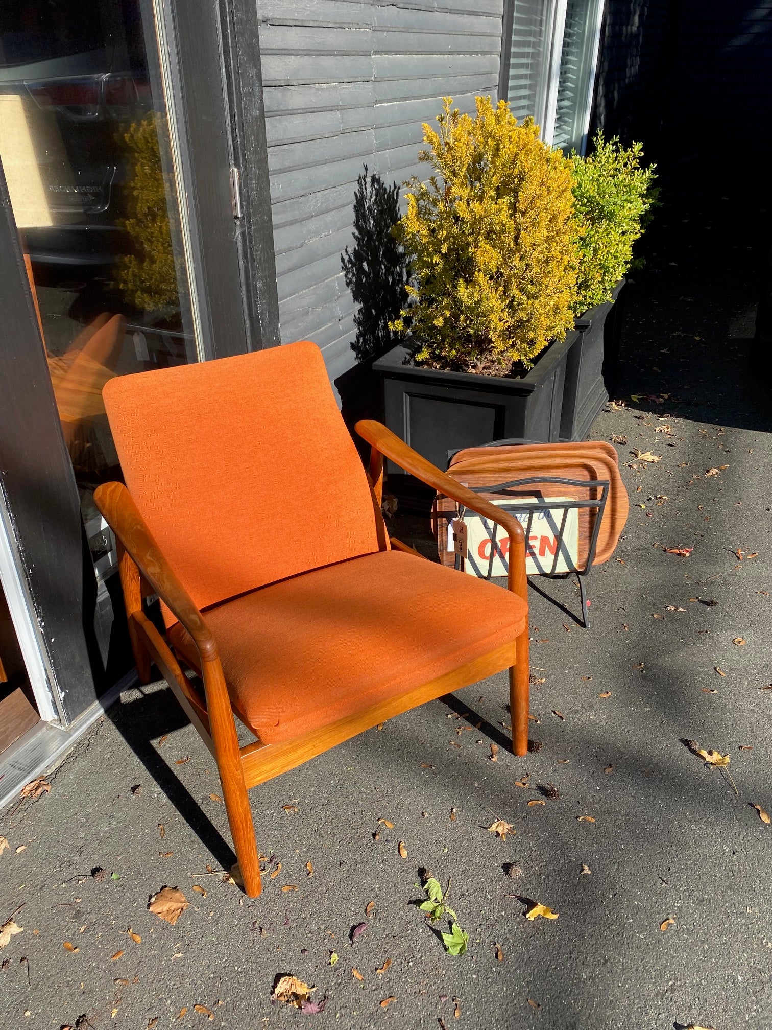Fantastic lounge chair in original orange upholstery by SL Mobler. Attributed to Soren Ladefoged.- Cook Street Vintage