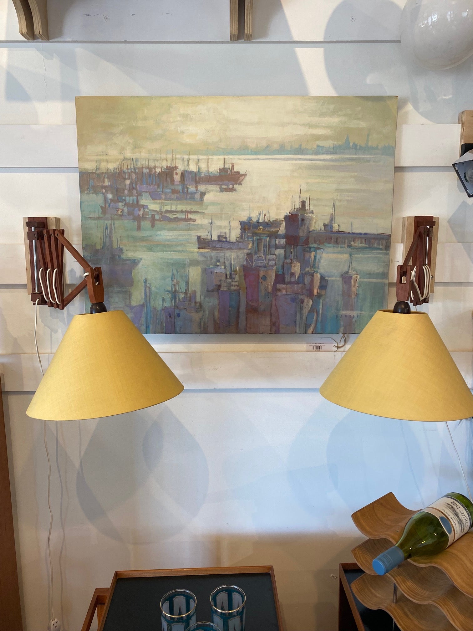 Fantastic pair of mid-century articulating extending wall mounted lamps with yellow linen fabric shades- Cook Street Vintage