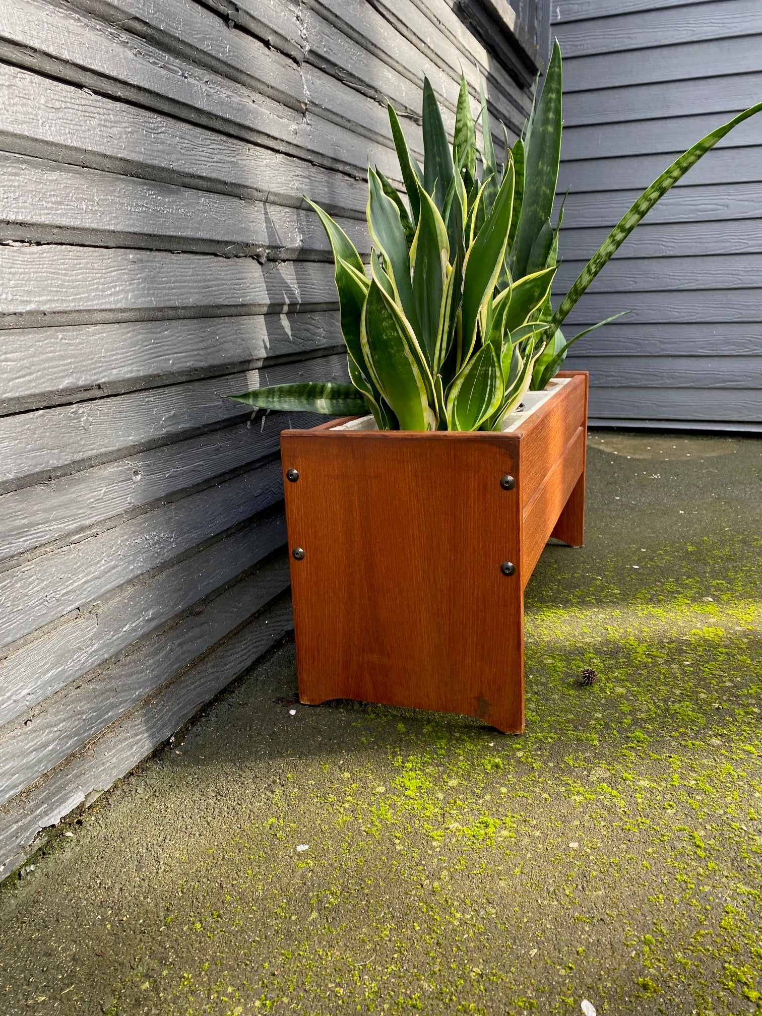 The perfect touch for any room. The original styrofoam inserts accommodate three medium-sized plants. Makeshift wood lid that can transform this unit into a small side table or storage bin. side view with plants.- Cook Street Vintage