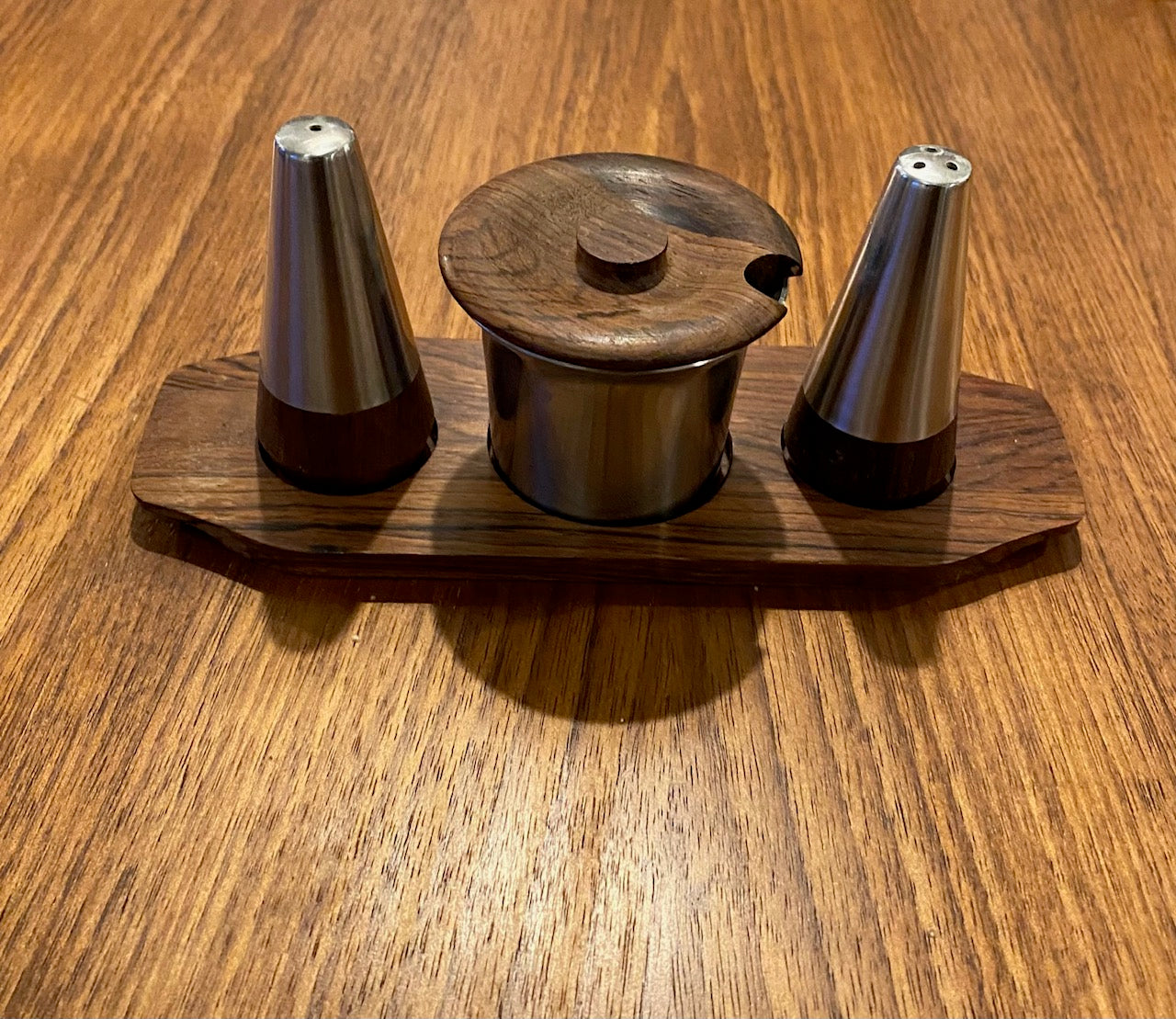 Set includes stainless steel with teak salt pepper shakers, stainless steel mustard pot with lid and condiment tray- Cook Street Vintage.