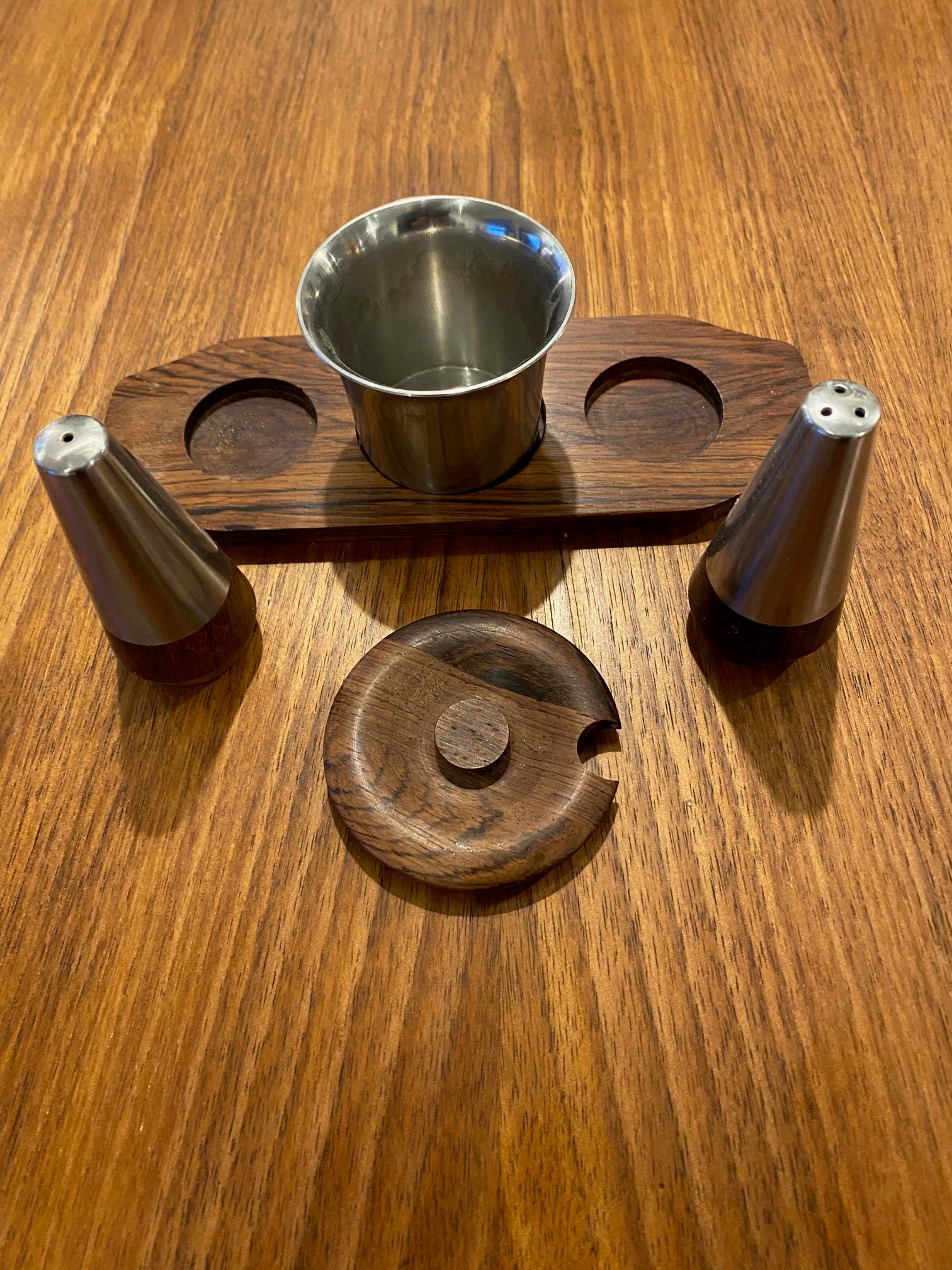 Set includes stainless steel with teak salt &amp; pepper shakers, stainless steel mustard pot with lid and condiment tray- Cook Street Vintage.